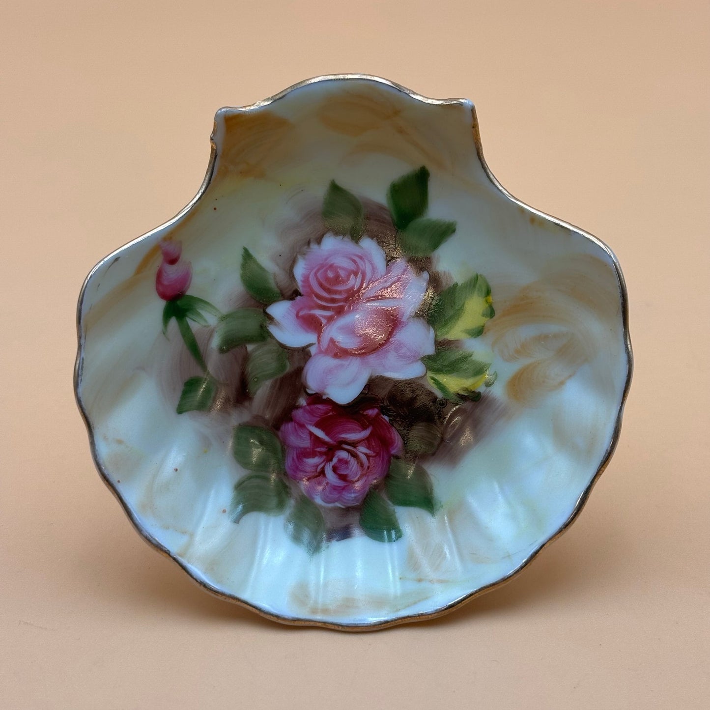 Hand-Painted Vintage Pink Rose Porcelain Shell Dish