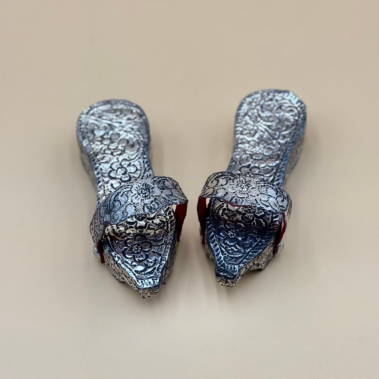 Vintage Ottoman Style Child’s Shoes Silver Tone on Wood with Box Collectible