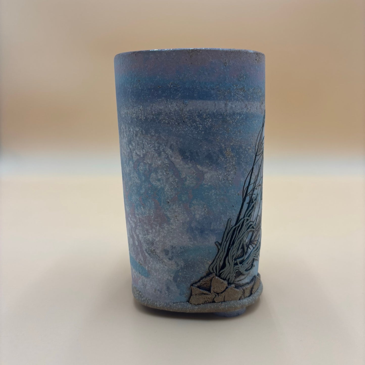 Handmade Ceramic Vase – Etched Tree & Moon Design (6.5” Tall)