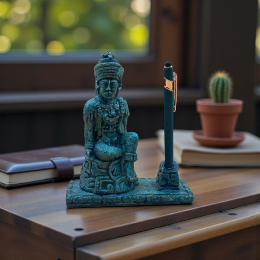 Aztec-Style Green Stone Pen Holder Statue – 6⅜” Tall