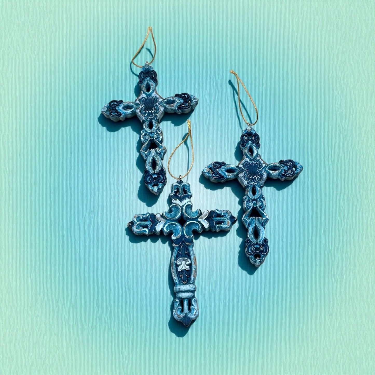 Set of Three 7″ Cross Ornaments — Turquoise, Silver, and Brown Tones