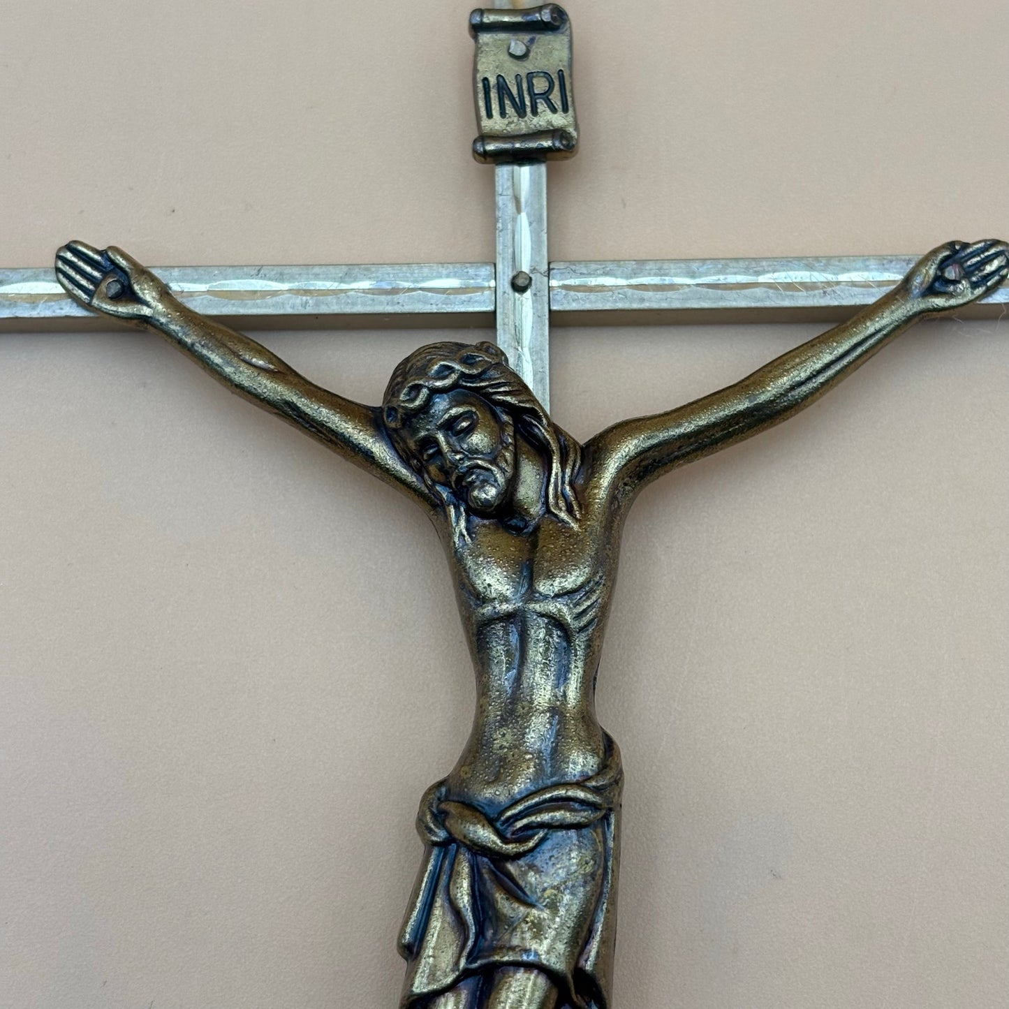 Vintage Italian Etched Gold-Tone INRI Crucifix Wall Cross