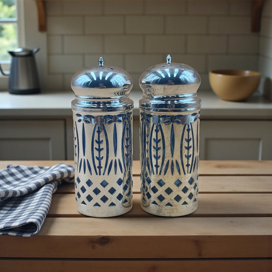 Sapphire Blue Glass Salt and Pepper Shakers with Silver Overlay