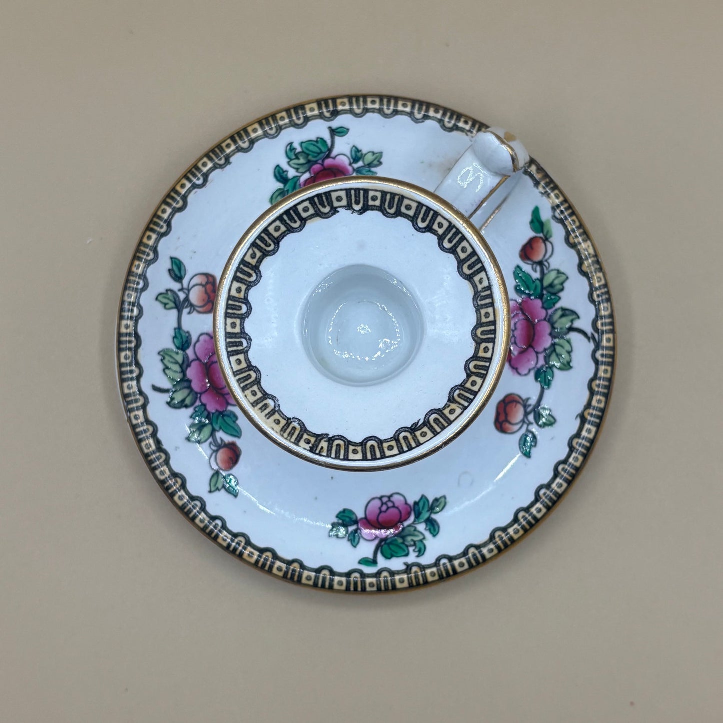 VTG Porcelain Finger Candlestick Holder - Pink Rose & Gold Trim