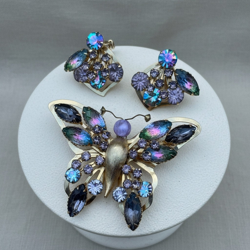 Selro Selini Watermelon Rhinestone Butterfly Brooch & Earrings – Rare Set