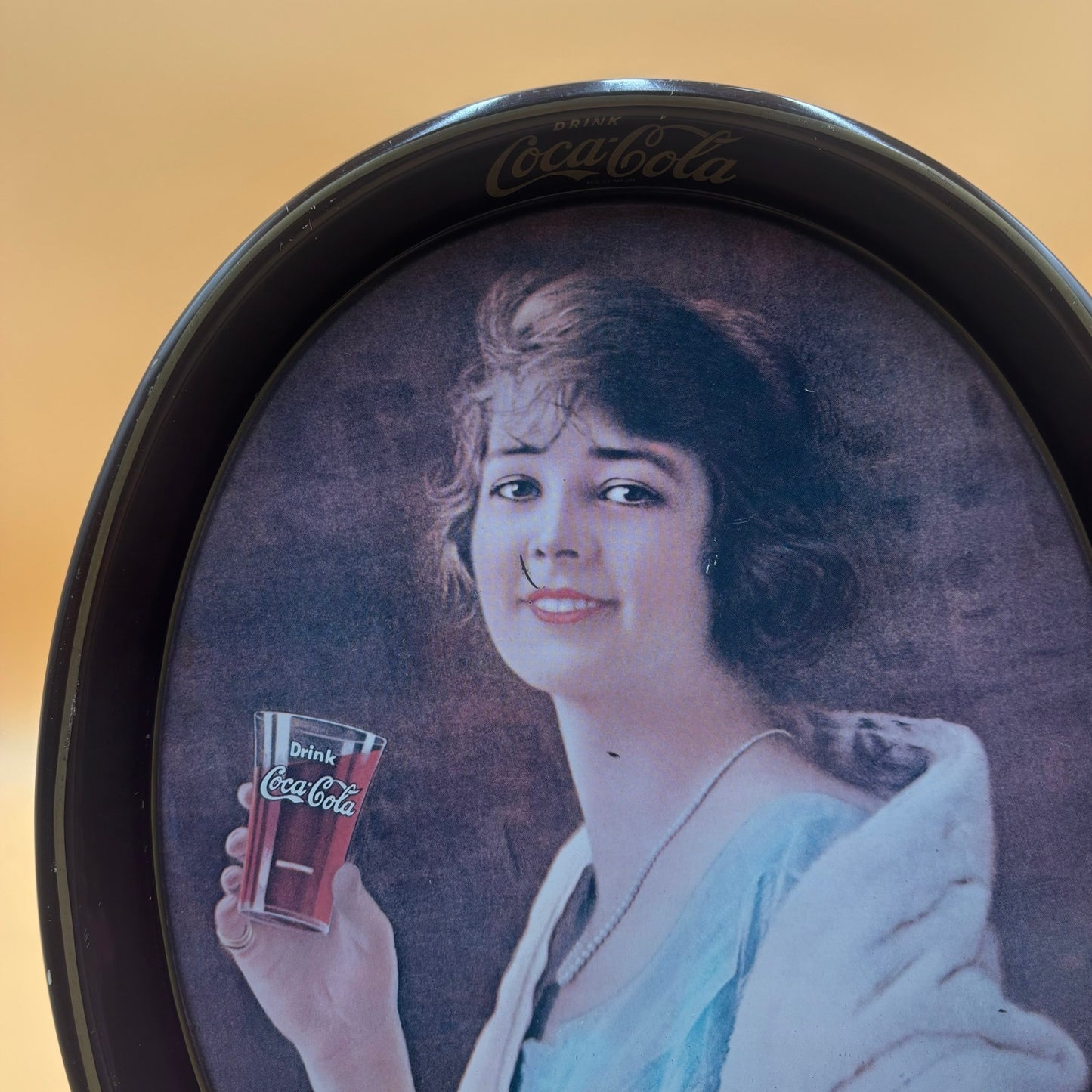 Vintage Coca-Cola Tray – Woman Holding Glass – 15” Oval Metal
