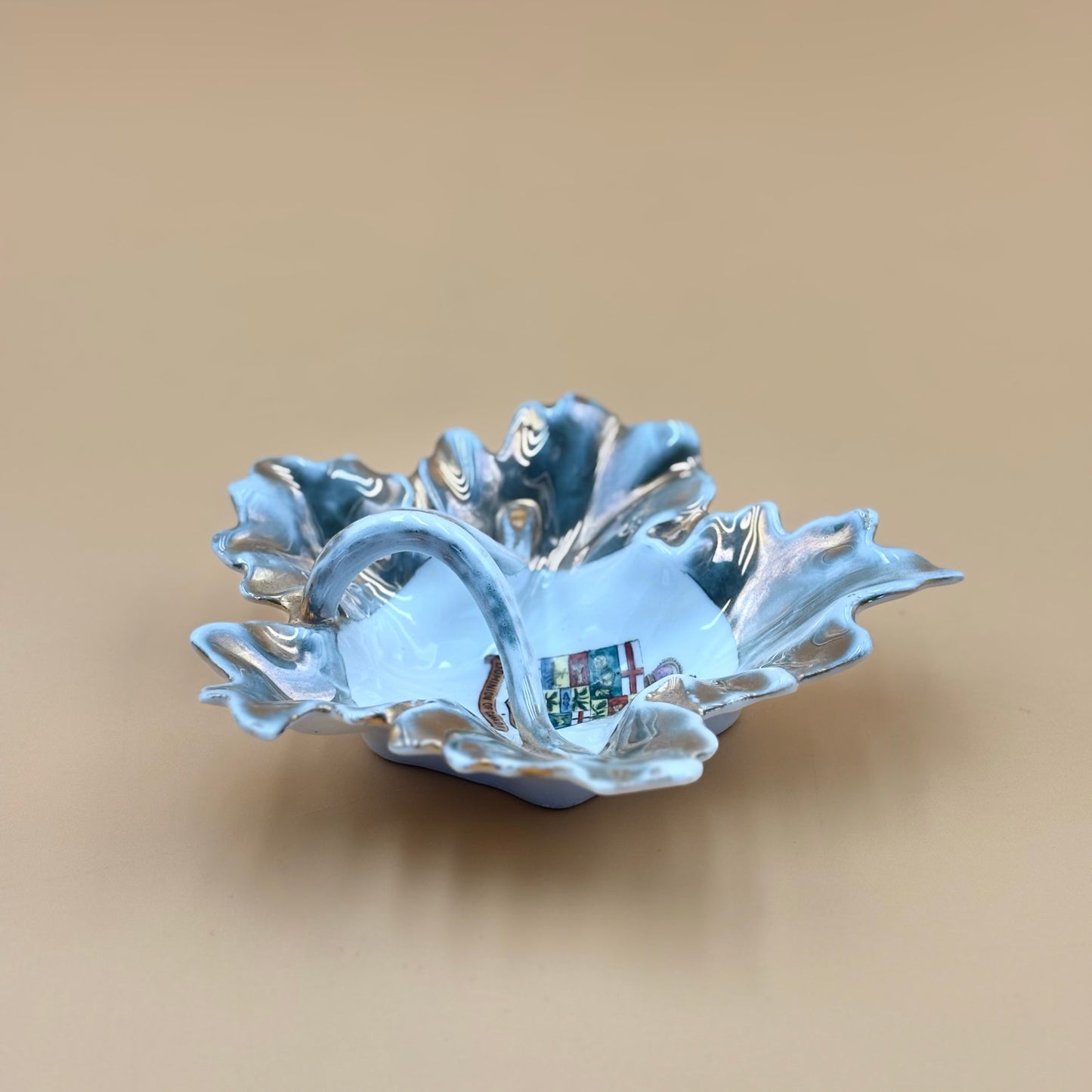 Vintage Dominion of Canada Ruffled Leaf Dish – Gray and Gold Accent Handle