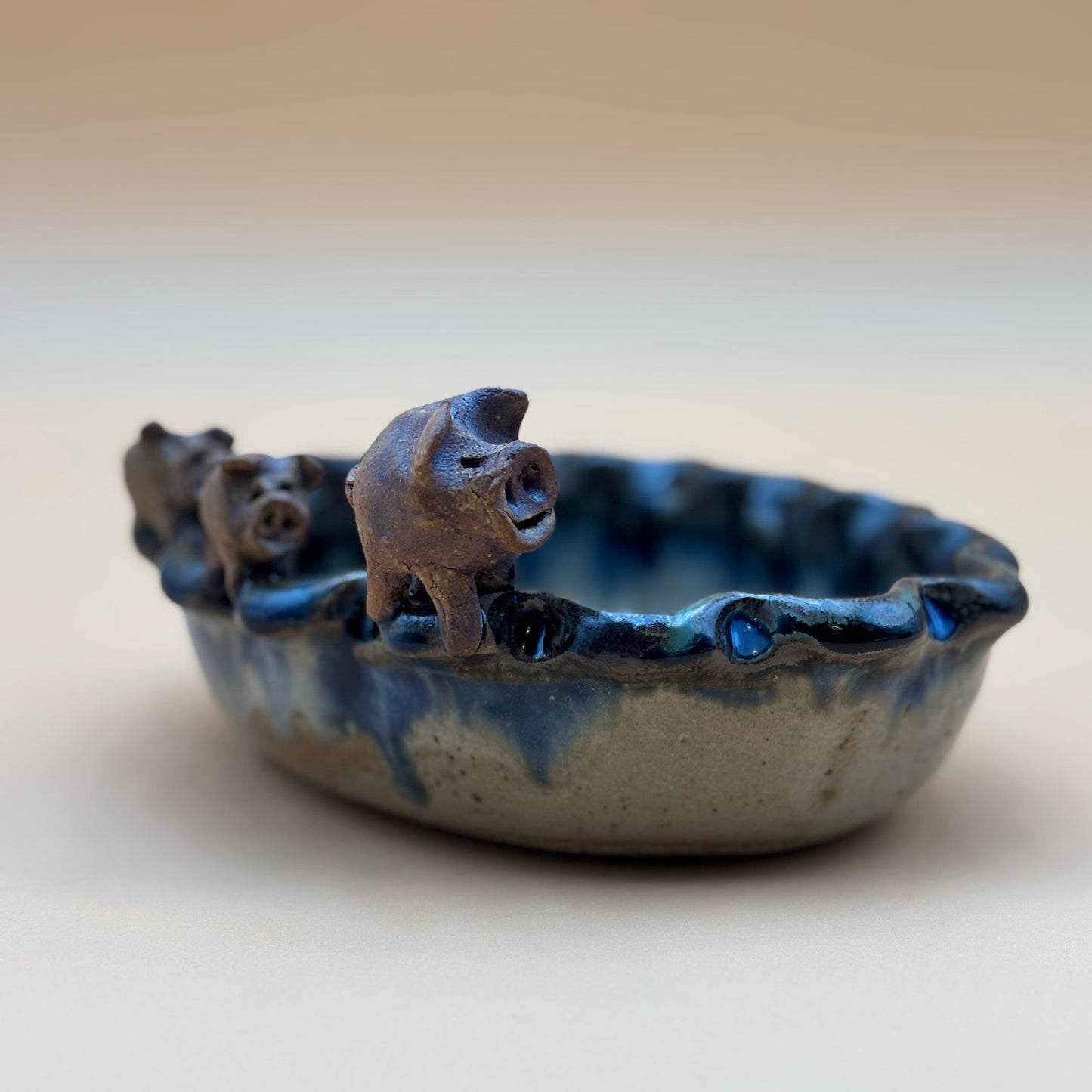 Handmade Pig Trio Blue & Brown Glazed Pottery Bowl