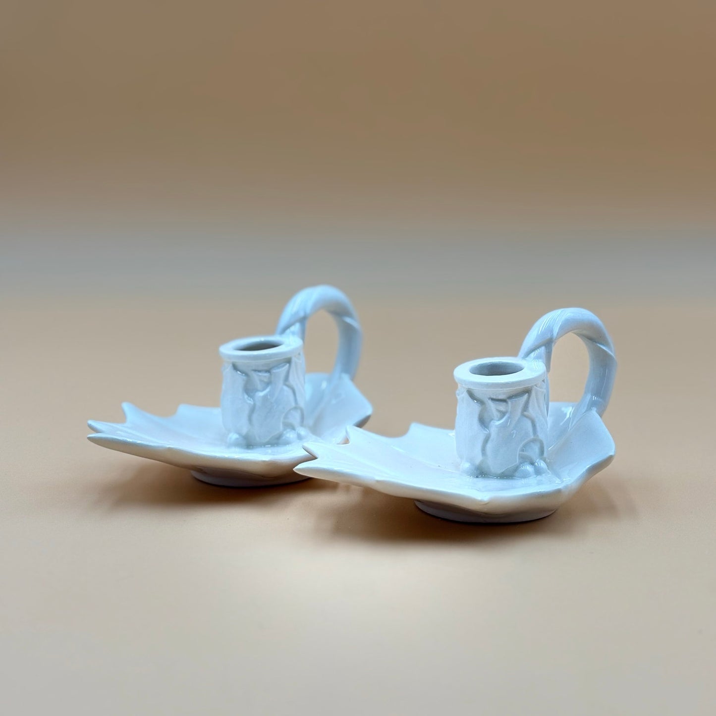 White Ceramic Holly Leaf Candlestick Holders – Pair