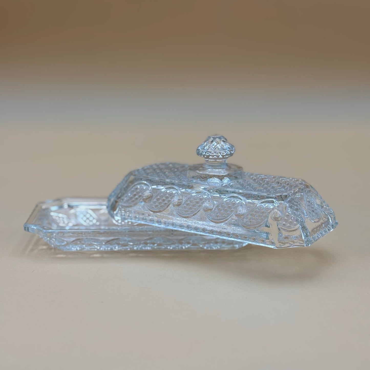 Vintage Avon Pressed Glass Butter Dish with Lid – Diamond Weave Pattern (7”)