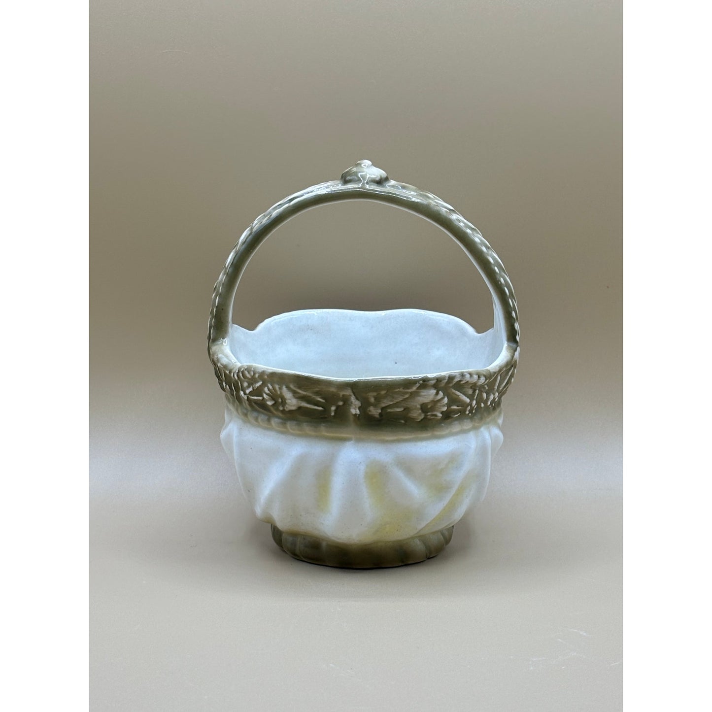 Vintage Porcelain Green and White Basket w/ Handle - Made in Czechoslovakia