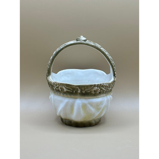 Vintage Porcelain Green and White Basket w/ Handle - Made in Czechoslovakia