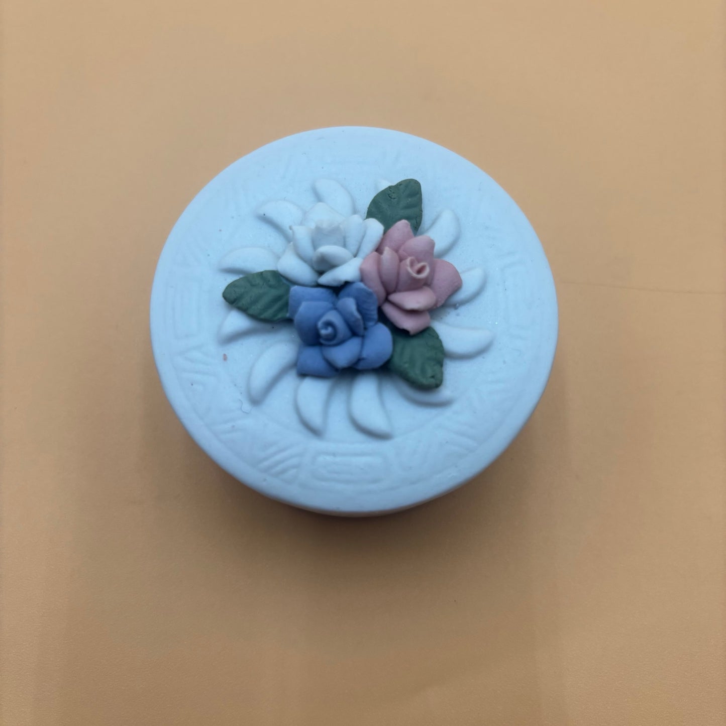 Vintage 1990s Porcelain Trinket Box – Floral Detail – Blue, Pink & White Flowers