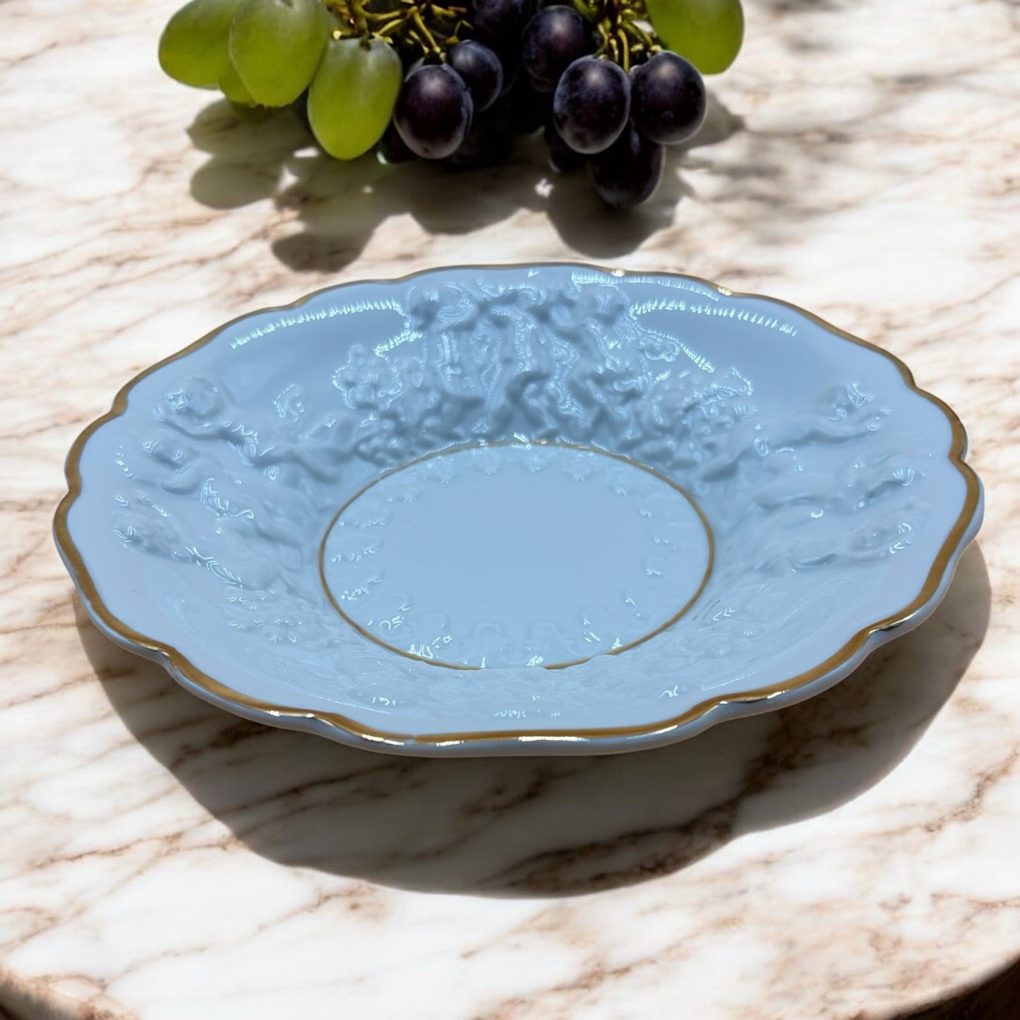 Vintage Embossed Cherub Porcelain Bowl with Gold Trim – 8.25”