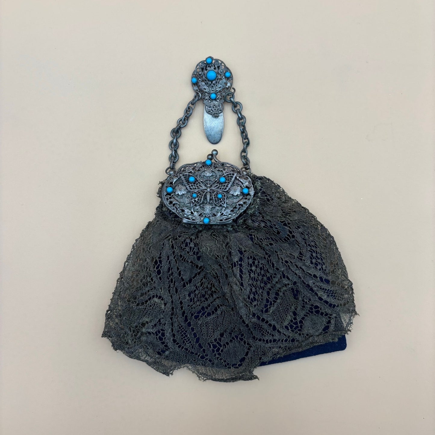 Antique Clip-On Purse with Mirror – Olive Green Lace & Blue Cloth Lining