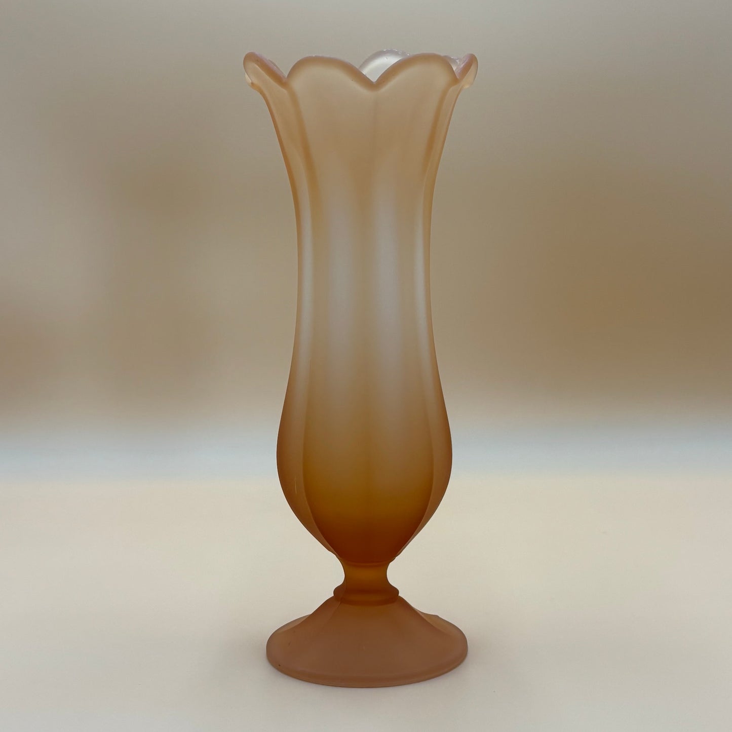 Vintage Peach/Amber Satin Swung Vase - Ruffled Rim 13.5" Tall