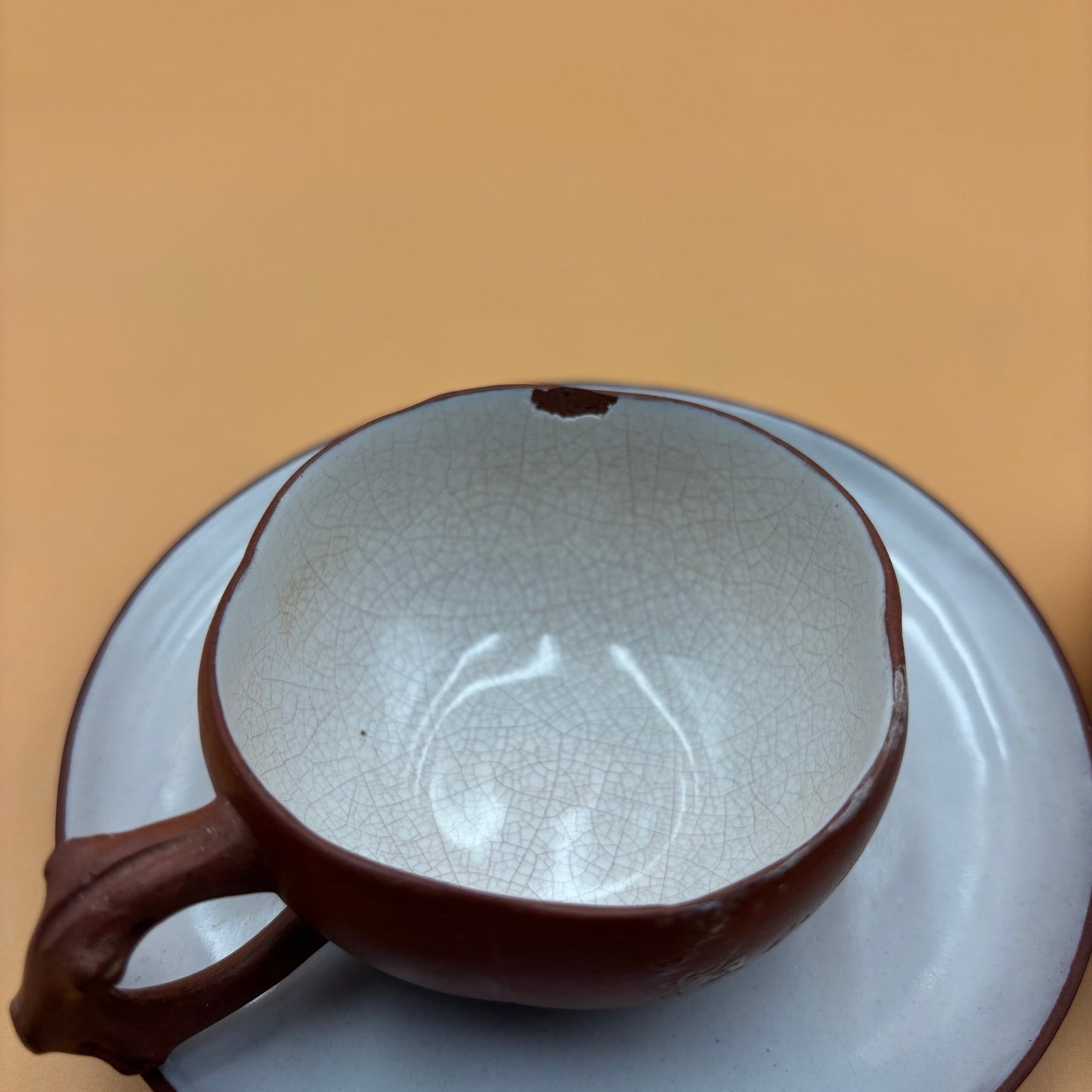 Antique Chinese Yixing-Style Red Clay Teapot Set – 4 Fair Cups & 4 Saucers with Etched Characters