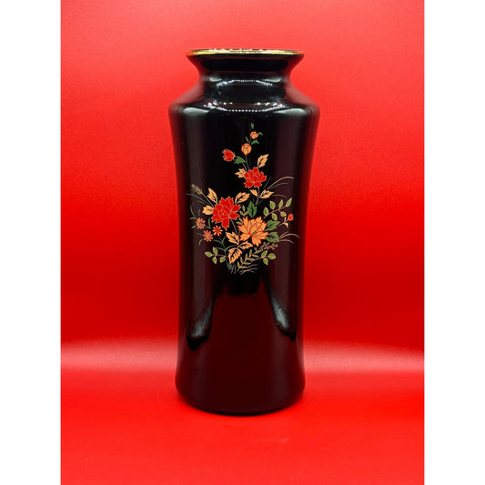 Japanese Vintage Black Floral Vase - 10.5 Inches Tall with Red & Gold Flowers