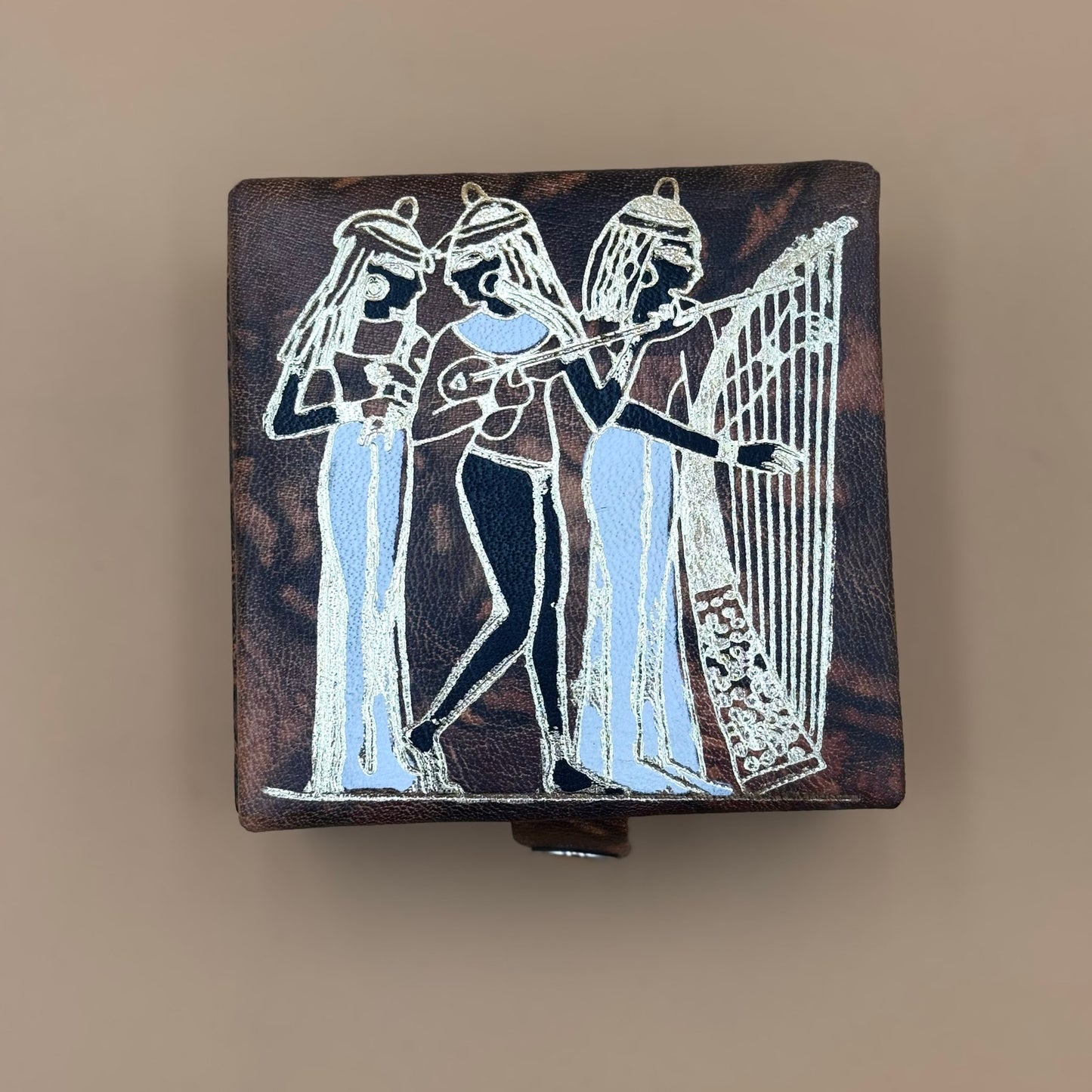 VintaEgyptian Leather Jewelry Boxes Set of 3 with Silver Embossed Designs & Red Felt Lining