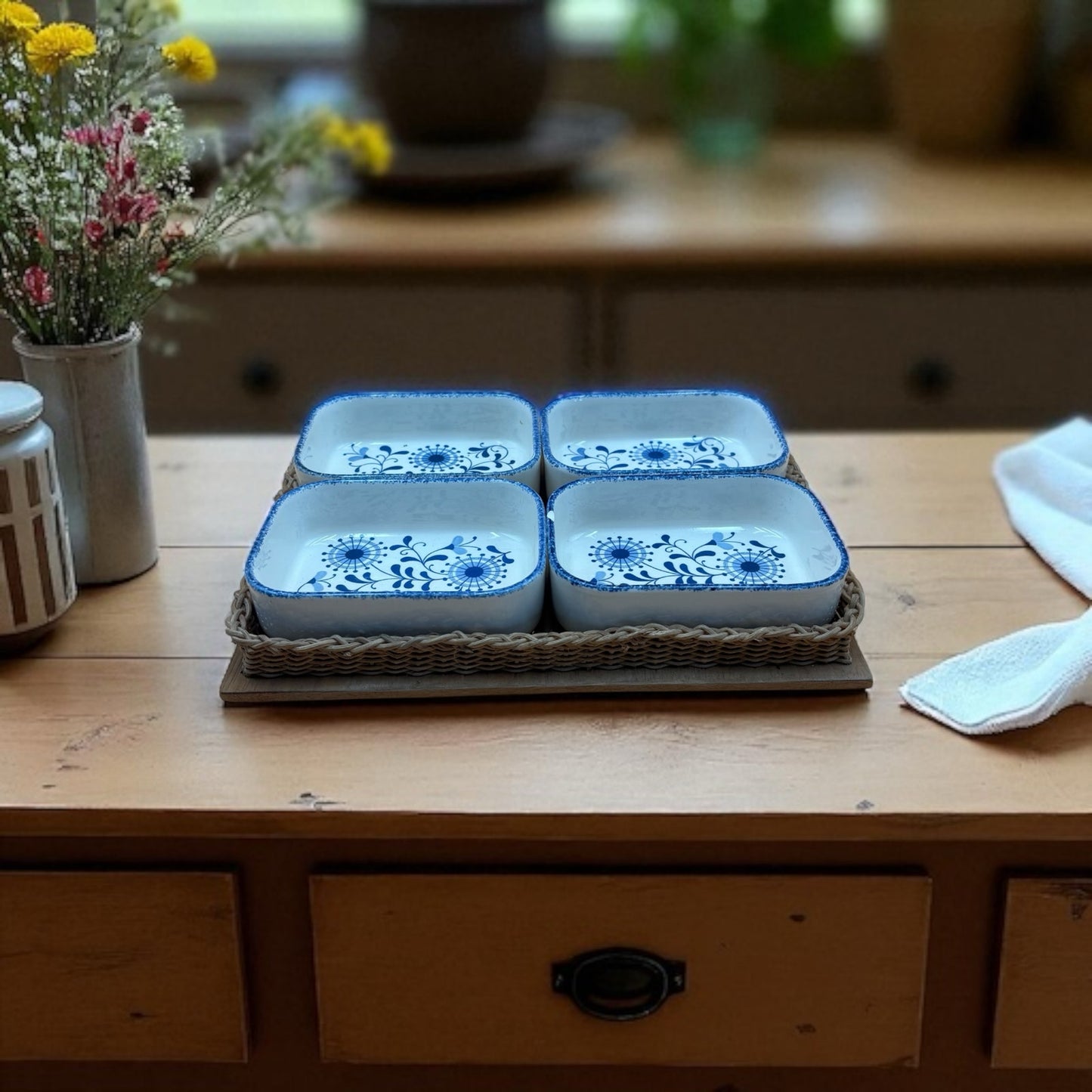 Vintage Waechtersbach Snack Plates – Set of 4 on Wicker Tray