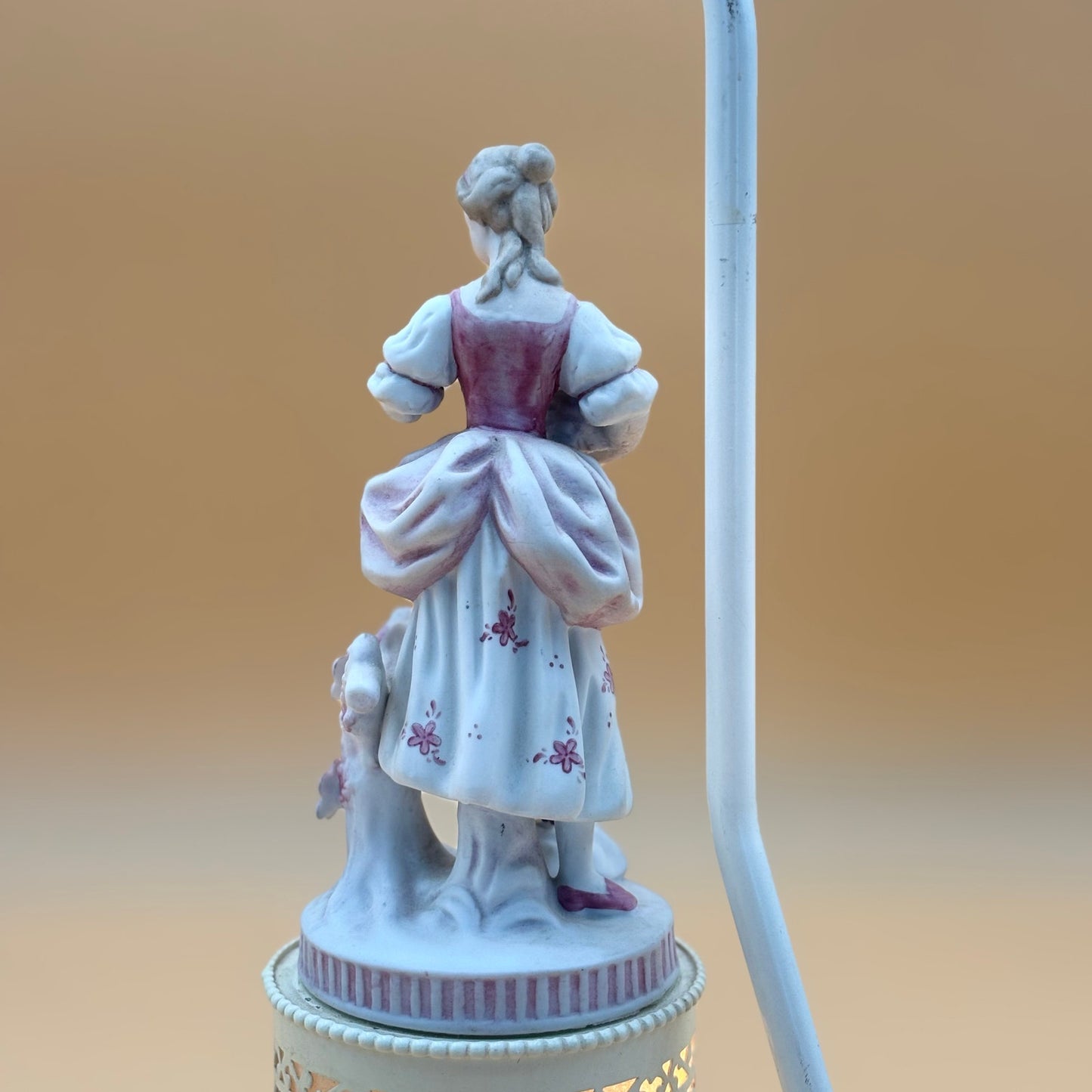 Pair of Vintage Porcelain Figural Lamps with Lighted Bases – Man & Woman with Cherry Blossoms – 17.5” Tall