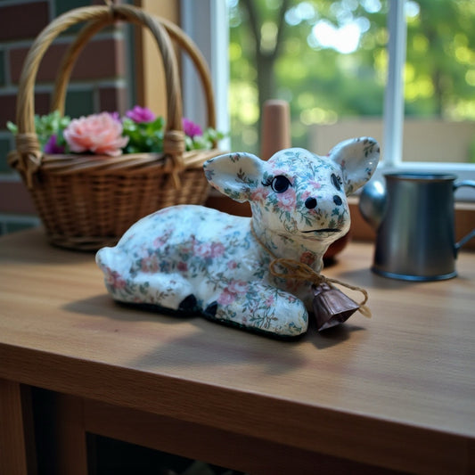 Decoupage Vintage Floral Lamb Figurine with Bell 7"