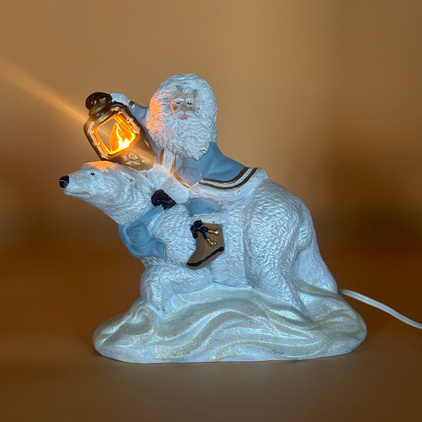 Vintage Santa Riding Polar Bear Lighted Figurine 10.5"