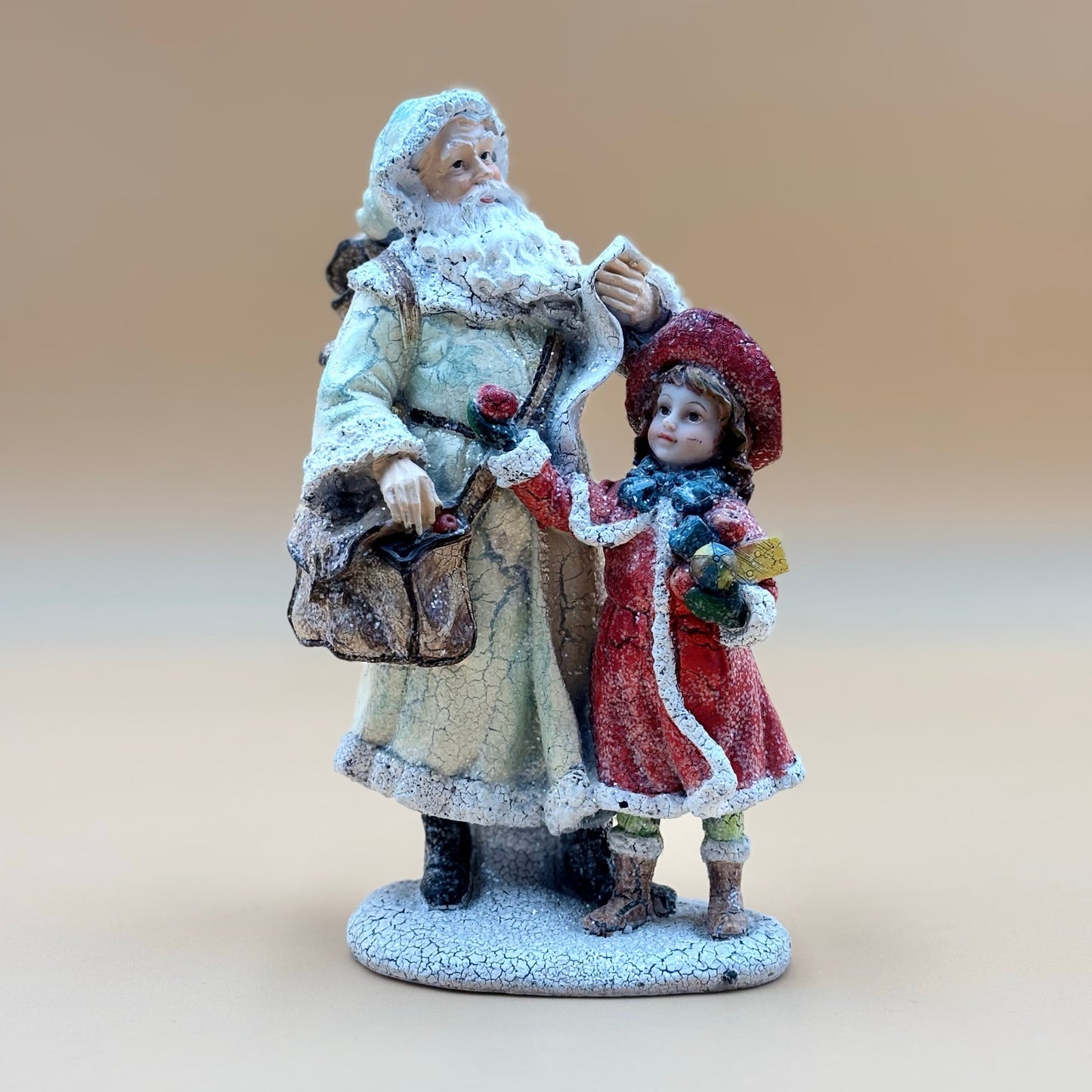 Vintage Crackle Santa and Girl Figurine with Glitter Finish