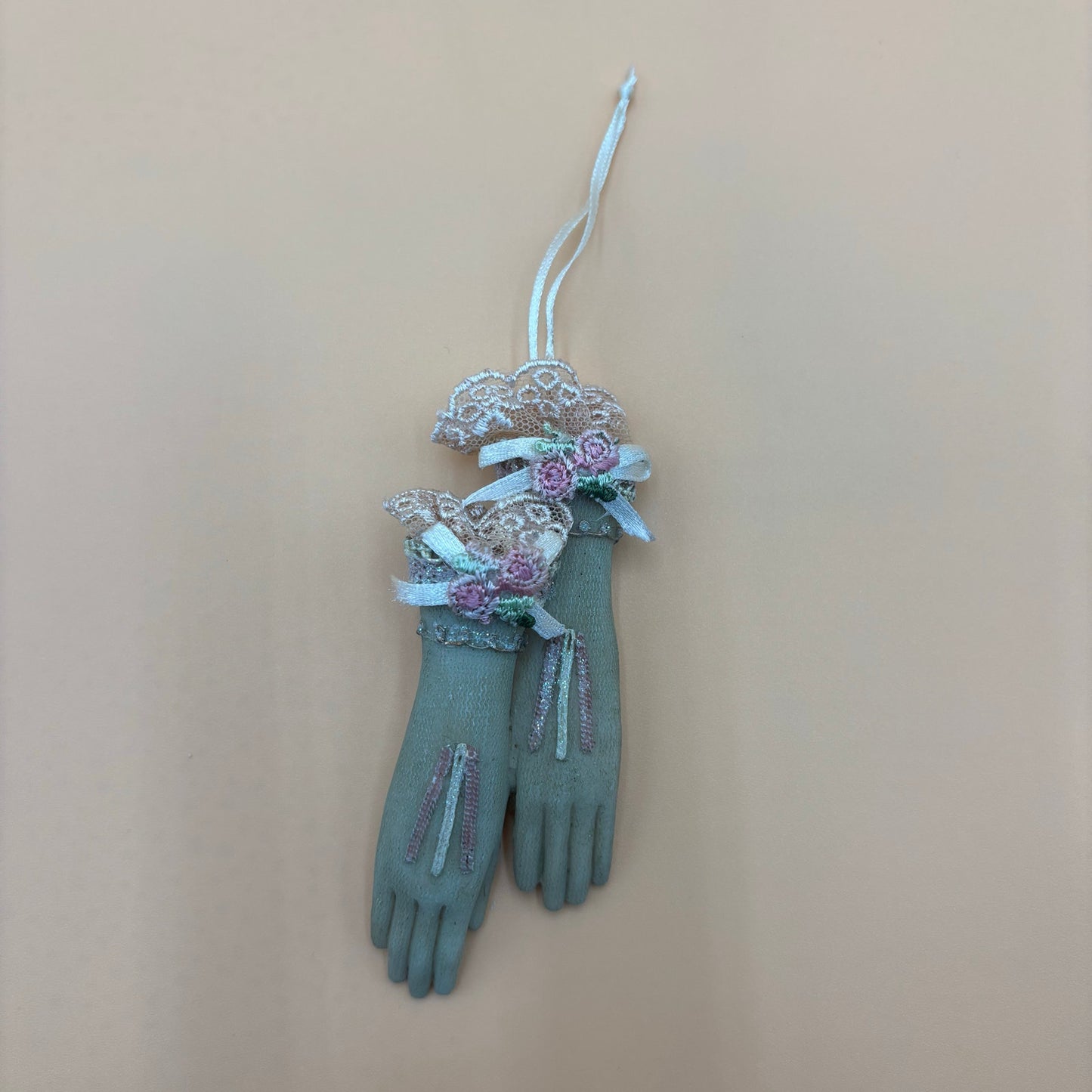 Vintage Victorian Glove Ornament with Lace and Embroidery