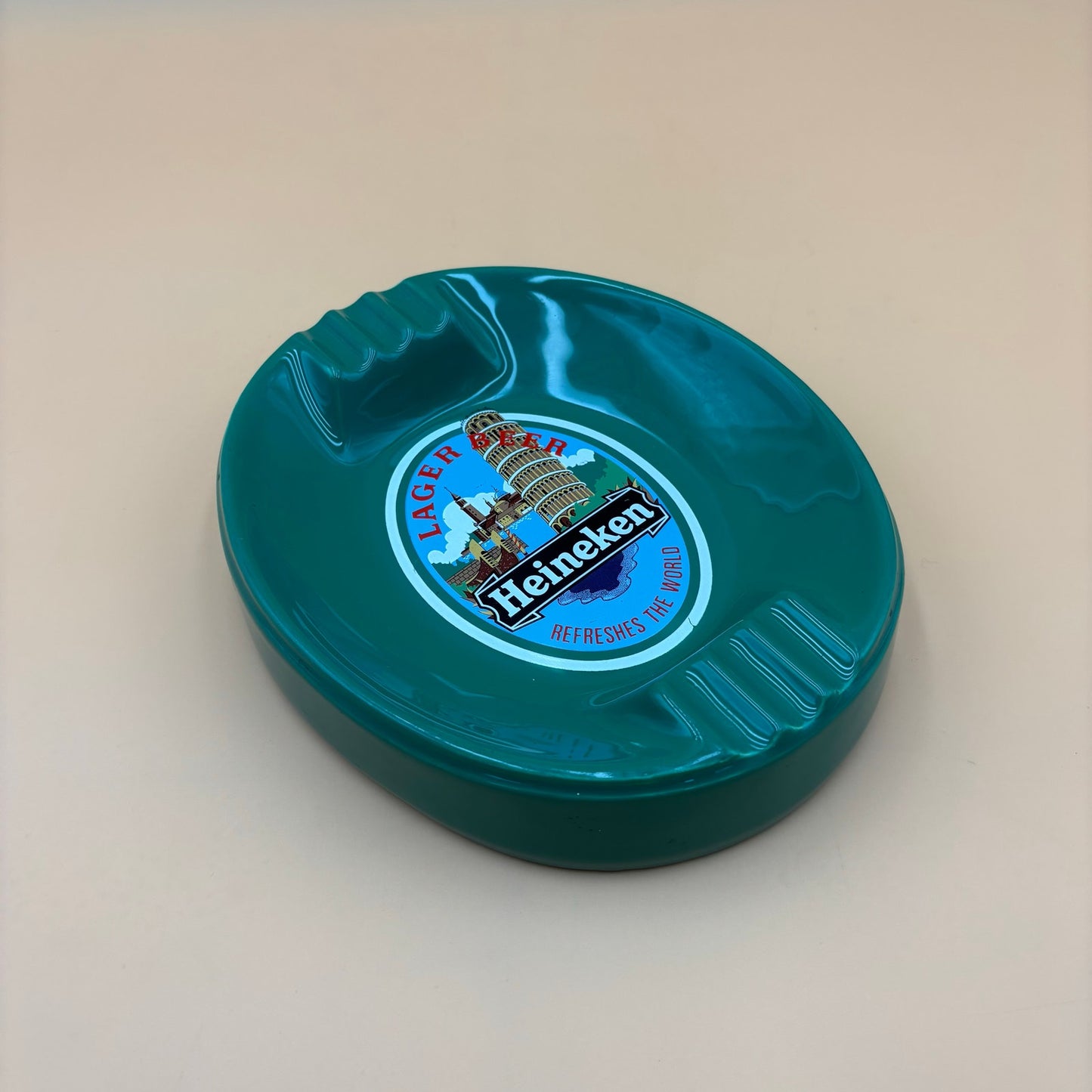 Vintage Heineken Lager Beer Green Glass Ashtray – 7.5” x 9” Heavy Pub Tray