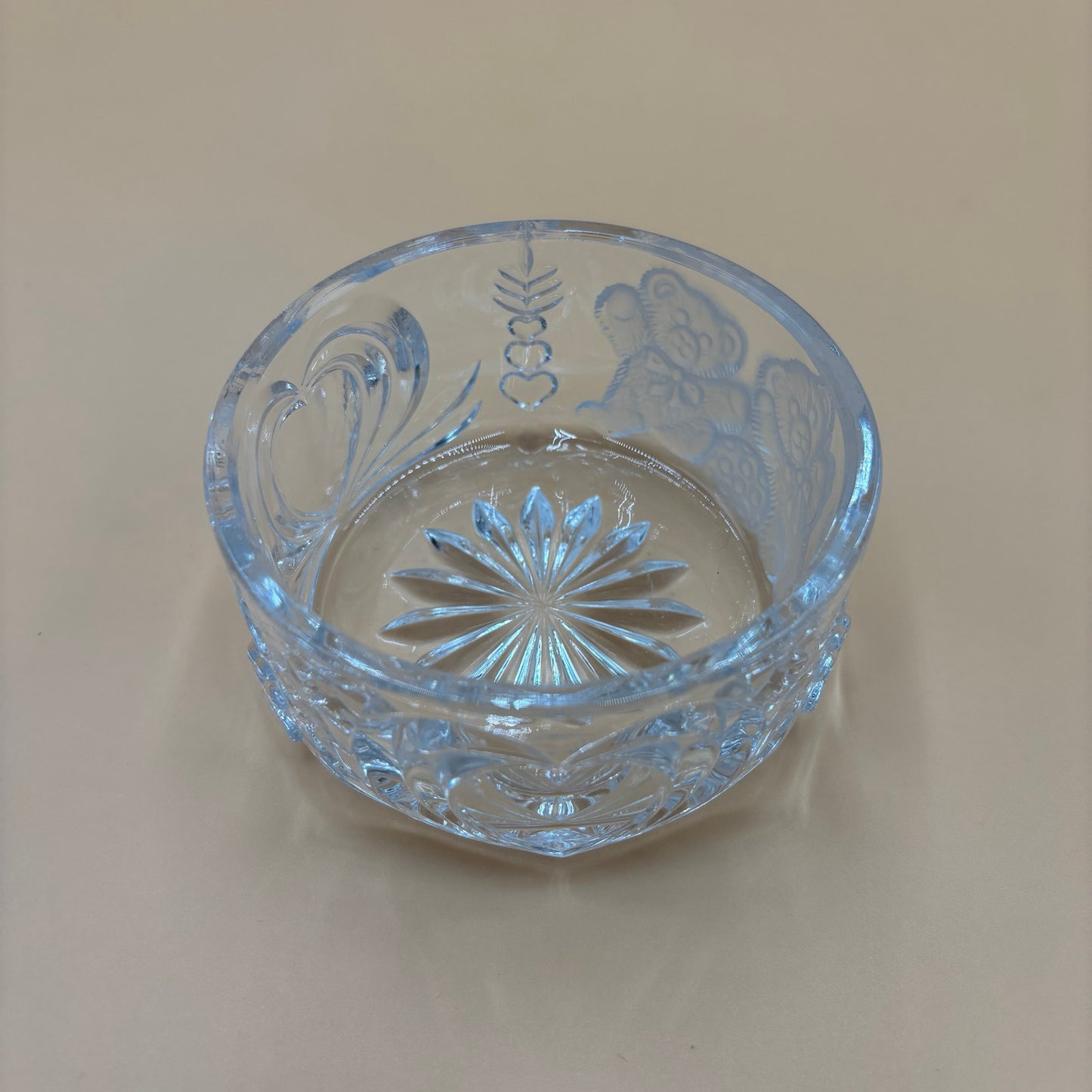 Vintage Clear Pressed Glass Bowl with Hearts & Teddy Bear Motif