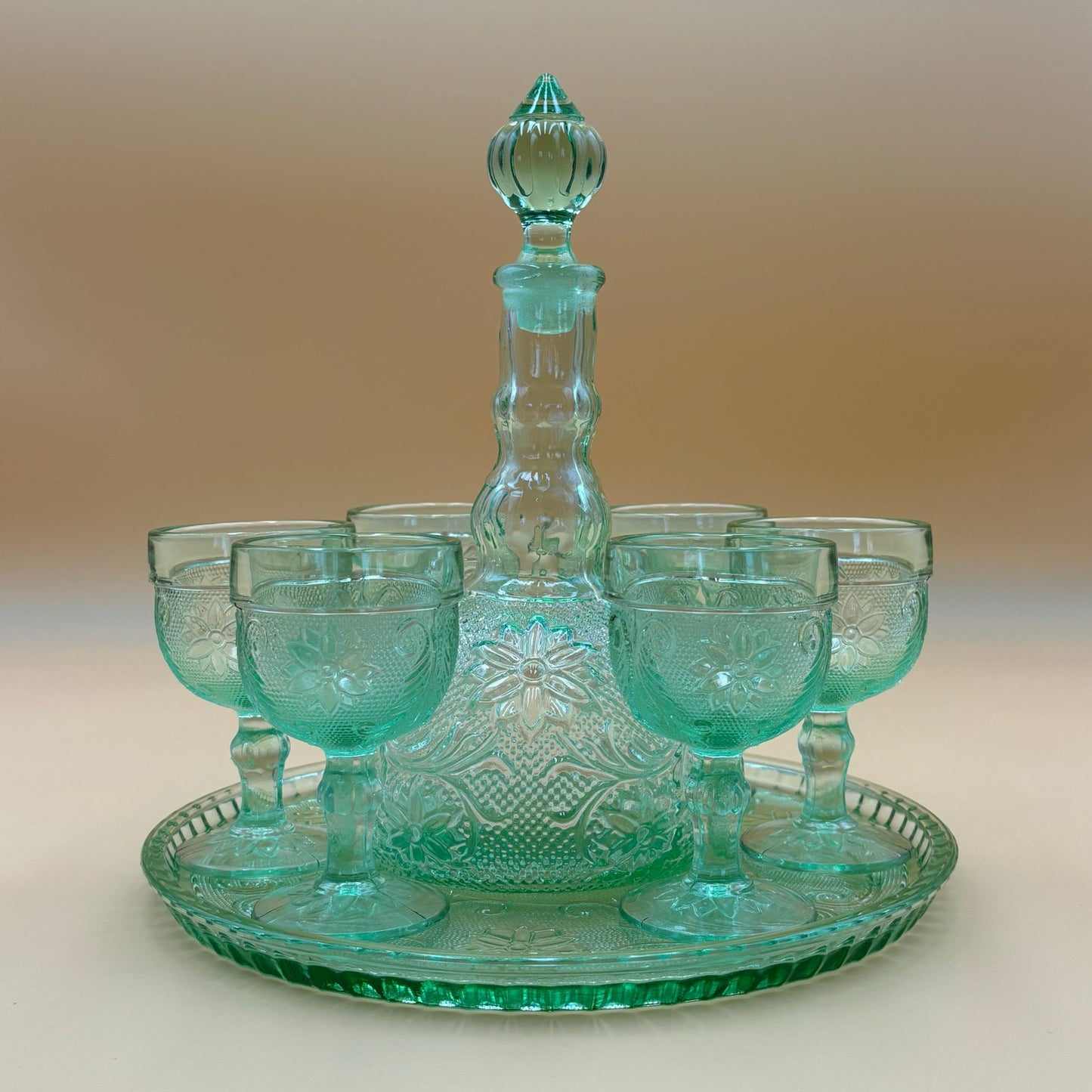 Aqua Green Pressed Glass Decanter Set with Tray and 6 Goblets