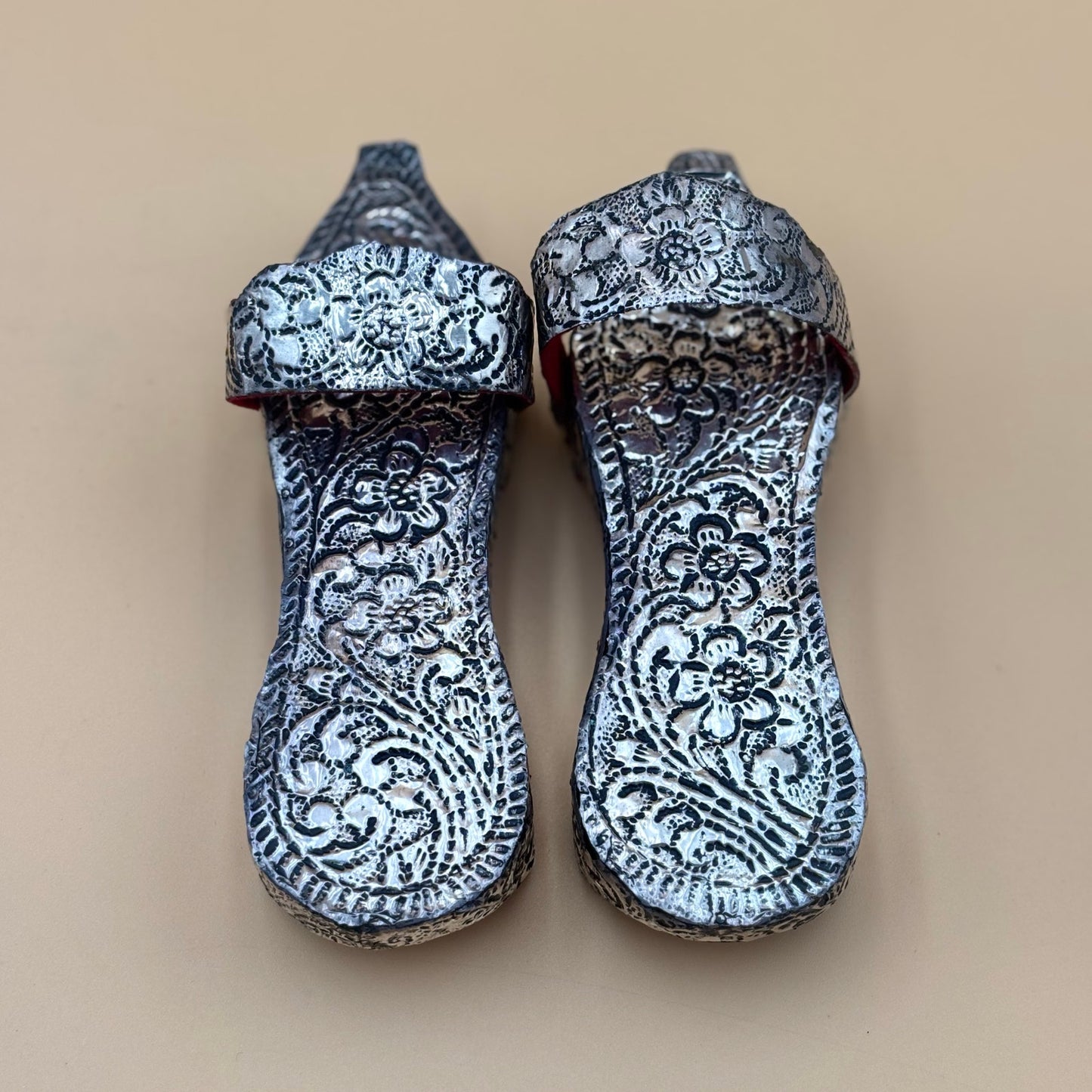 Vintage Ottoman Style Child’s Shoes Silver Tone on Wood with Box Collectible