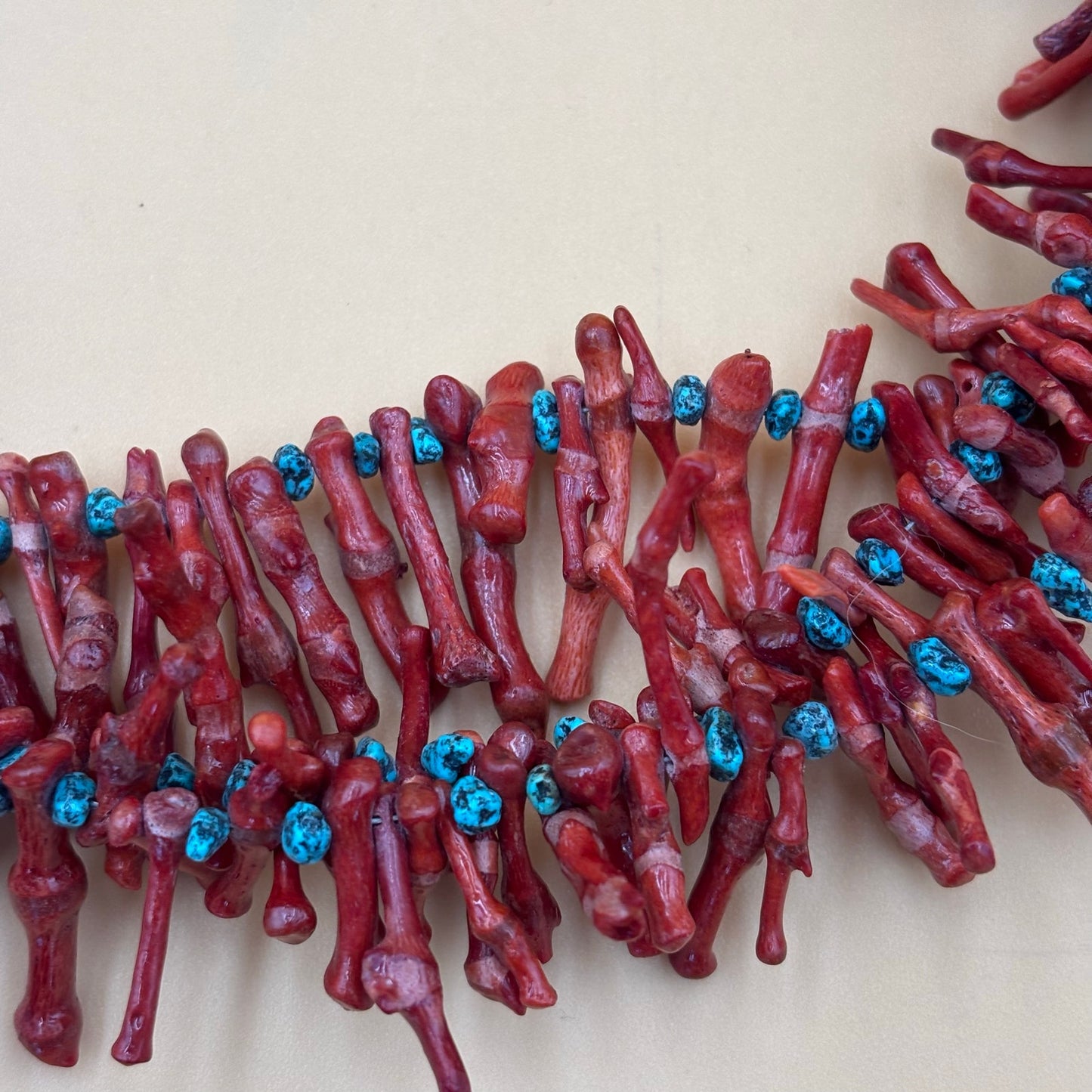 Bold Three-Strand Red Coral Branch & Turquoise Statement Necklace – 18.5″