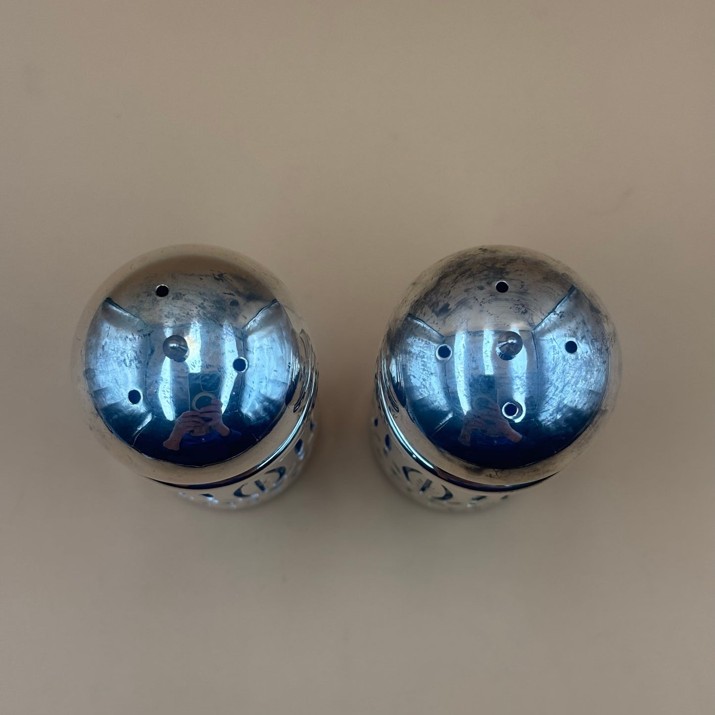 Sapphire Blue Glass Salt and Pepper Shakers with Silver Overlay