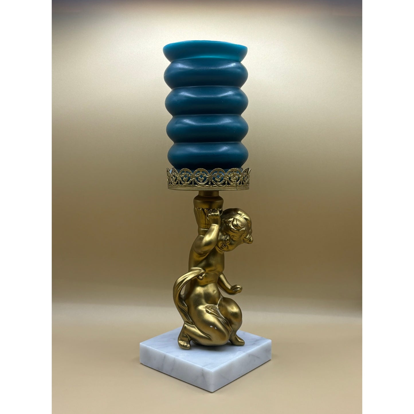 Vintage Metal, Gold Cherub Candle Holder with Marble Base 7.5 Inches Tall