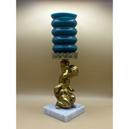 Vintage Metal, Gold Cherub Candle Holder with Marble Base 7.5 Inches Tall