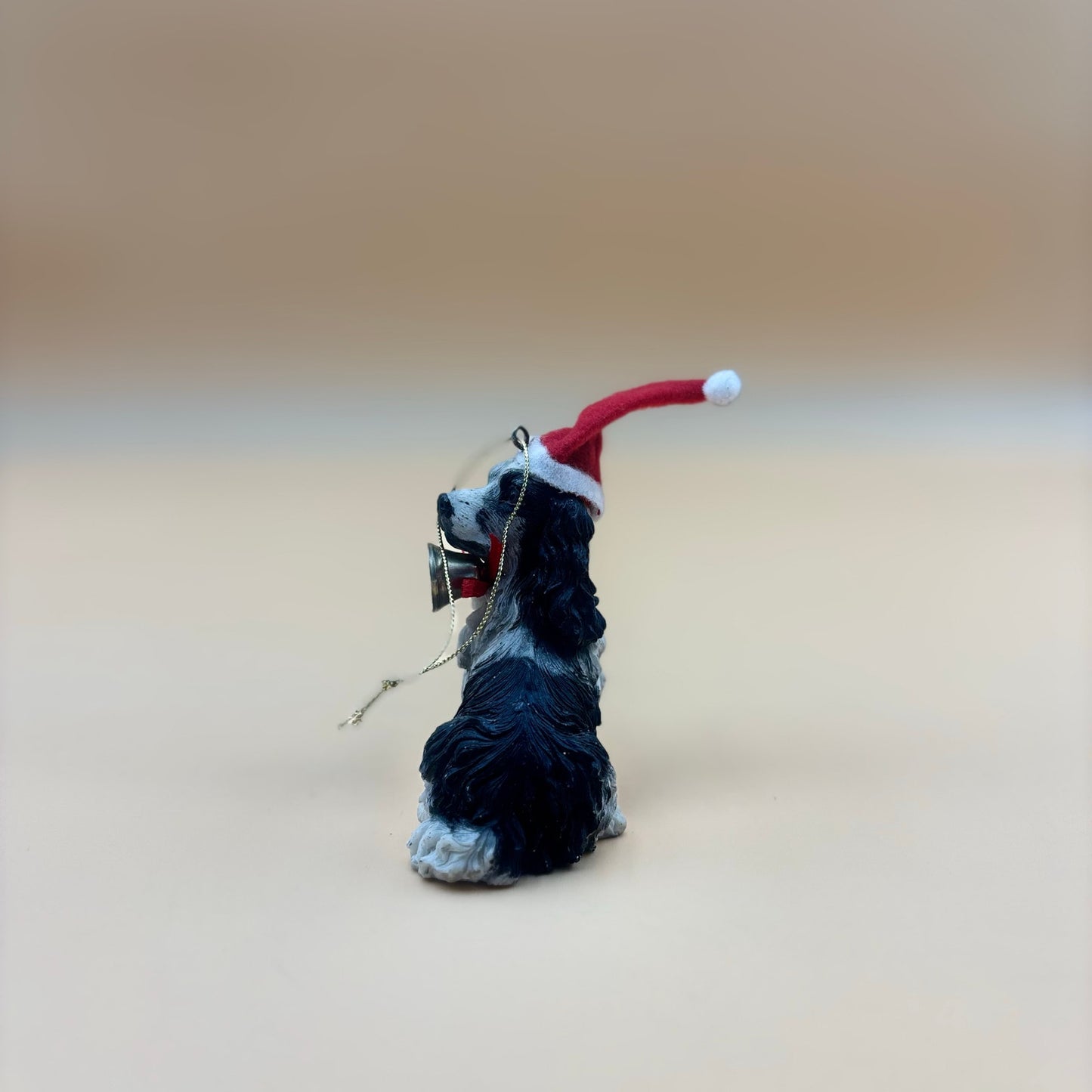 Black & White Spaniel Dog Ornament with Santa Hat