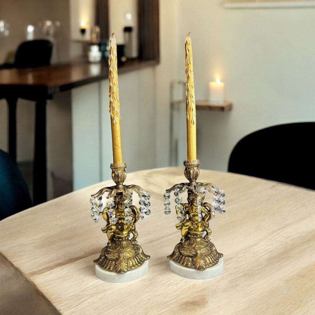 VTG Cherub Candleholders with Marble, Brass, and Crystal Accents Wood Candles