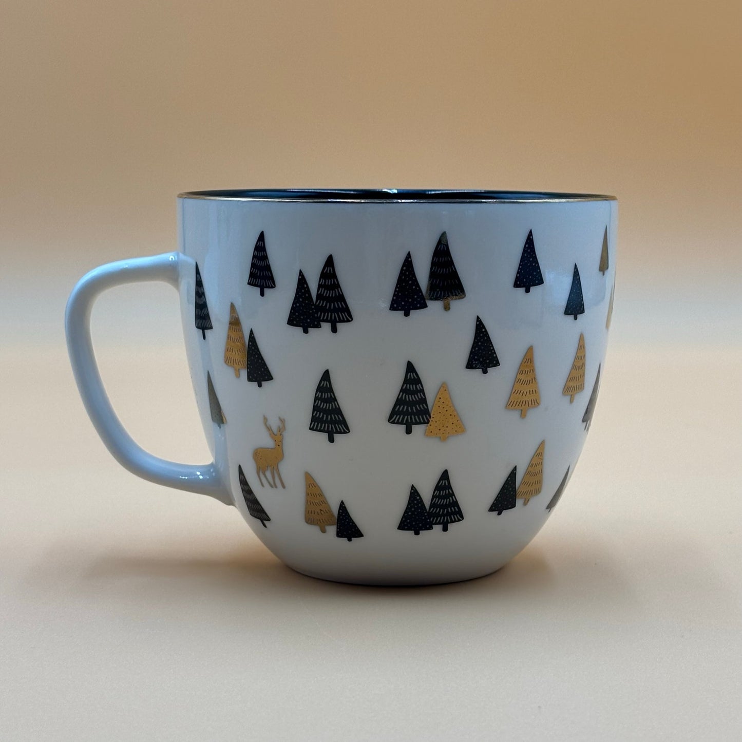 Vintage Holiday Latte Mug – Gold Pine Trees & Deer – 18oz Morris National