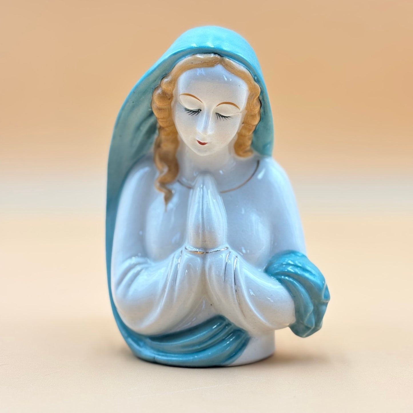 Hand Decorated Japan Virgin Mary Planter — Turquoise & White Ceramic