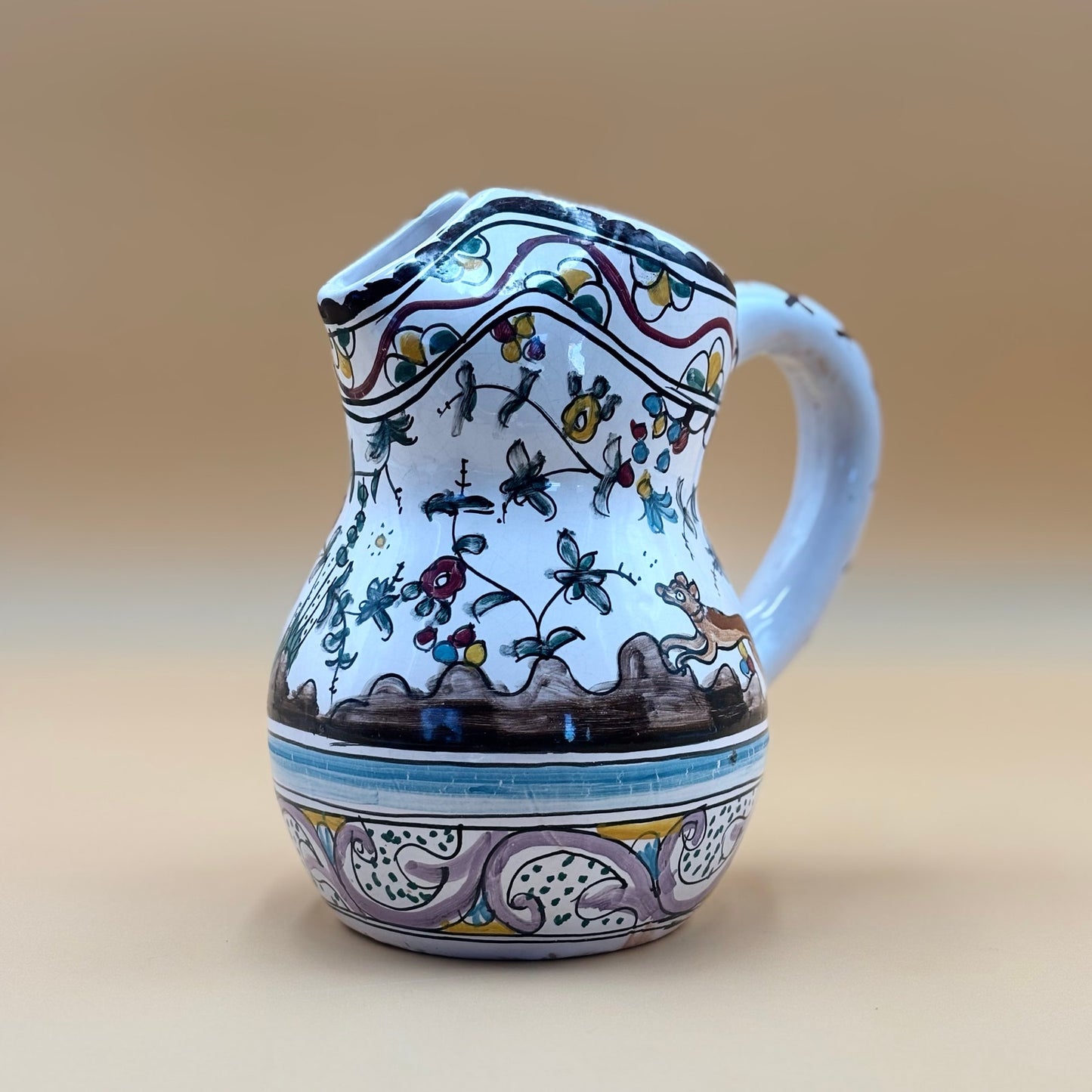 Vintage Portuguese Coimbra Pitcher – Hand-Painted Bird & Floral Talavera-Style Pottery