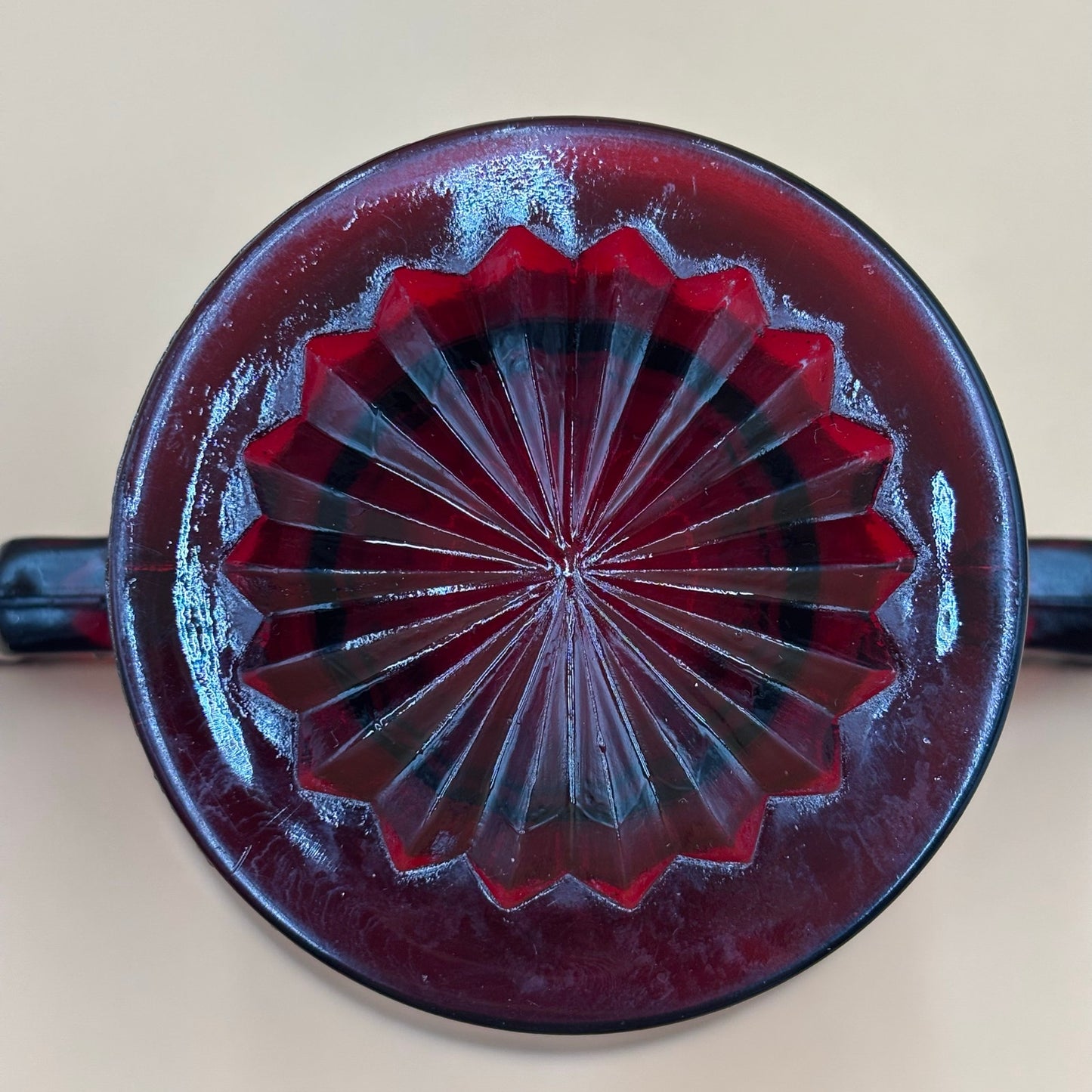 Vintage Ruby Red Glass Creamer & Sugar Set - Starburst Bottom