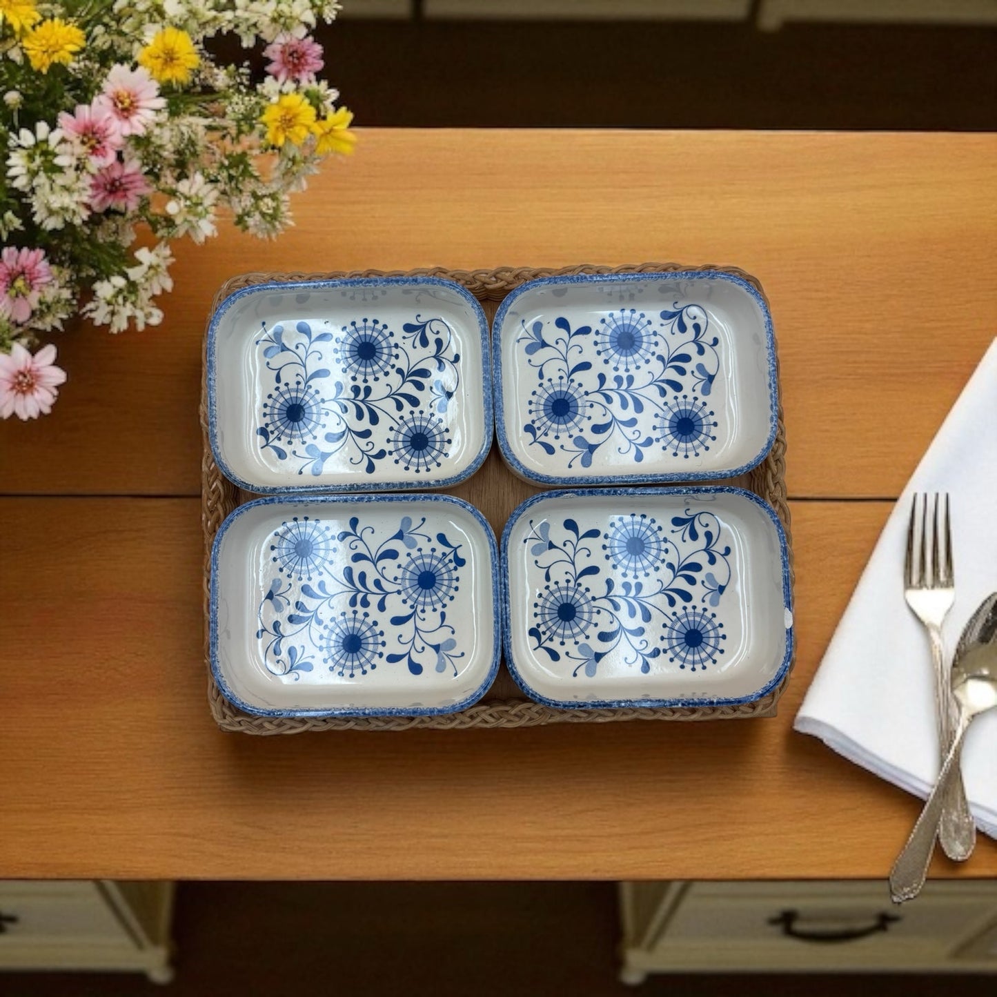 Vintage Waechtersbach Snack Plates – Set of 4 on Wicker Tray