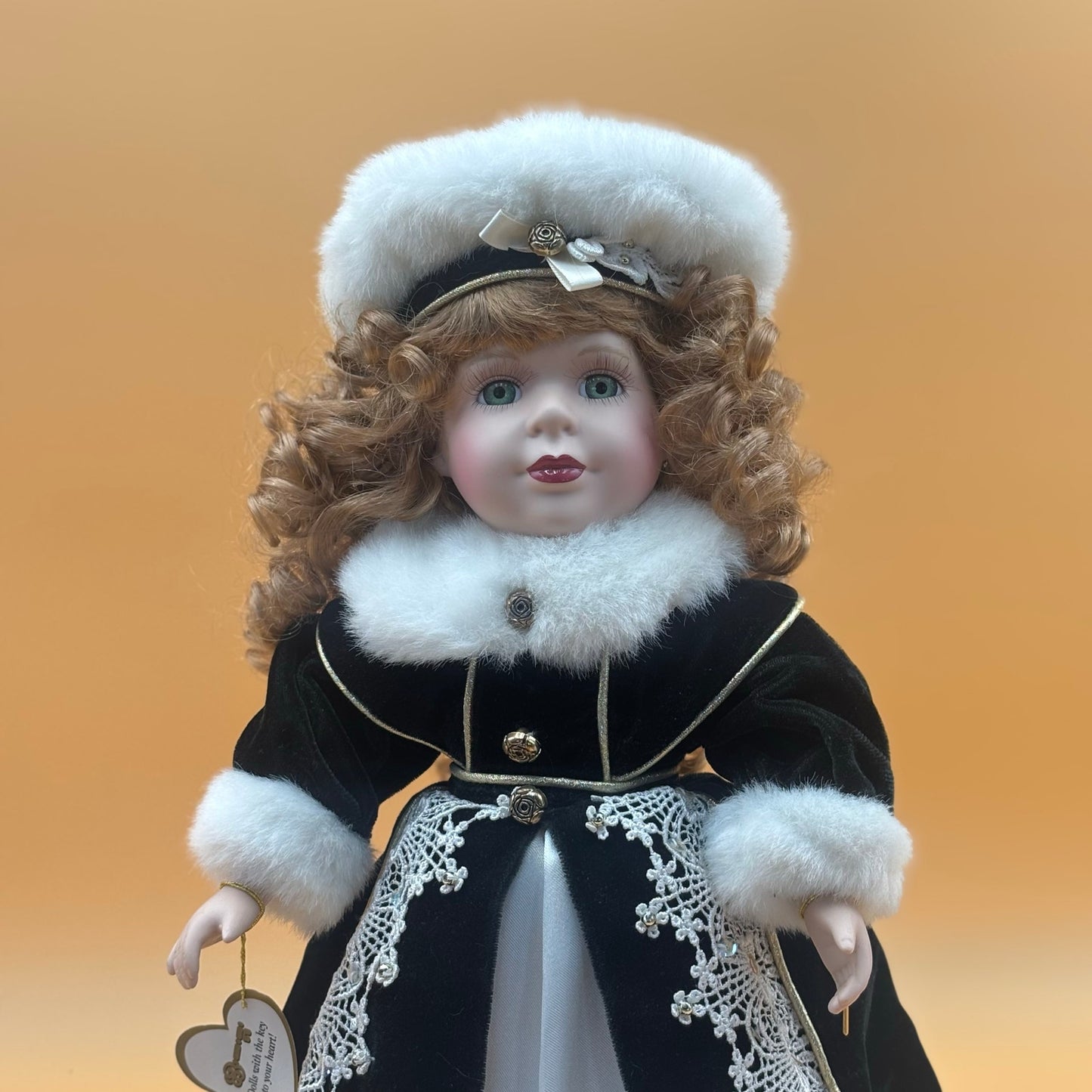 Key to Your Heart Porcelain Doll – Victorian Velvet & Lace Coat with Gold Key
